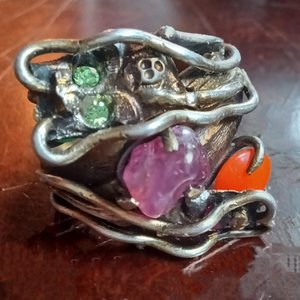 Vintage Chinese Import Double Dragon Sterling Silver Gemstone Ring Size 10.5,