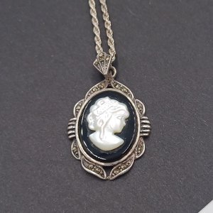 Vintage Sterling Silver, Marcasite and Carved Mother of Pearl Cameo Pendant and Sterling Chain Necklace