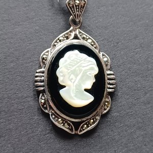 Vintage Sterling Silver, Marcasite and Carved Mother of Pearl Cameo Pendant and Sterling Chain Necklace