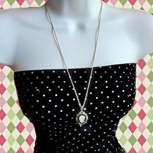 Vintage Sterling Silver, Marcasite and Carved Mother of Pearl Cameo Pendant and Sterling Chain Necklace