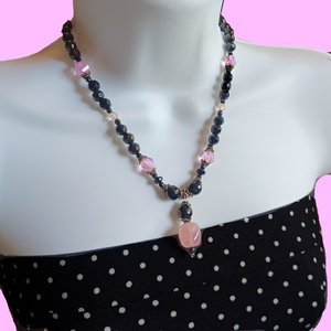 Black Glass Beads, Rose Quartz and Pink Crystal Bicones Beaded Necklace