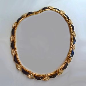 Vintage Premier Designs Gold Tone, Black Enamel and Rhinestones Panel Collar Necklace