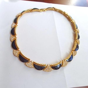Vintage Premier Designs Gold Tone, Black Enamel and Rhinestones Panel Collar Necklace