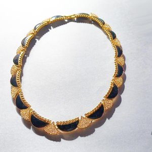 Vintage Premier Designs Gold Tone, Black Enamel and Rhinestones Panel Collar Necklace