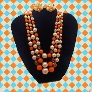 Vintage 1950's Hong Kong Bright Summertime Orange Beaded Necklace and Earrings Jewelry Set