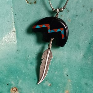 Vintage Carolyn Pollack American Southwest Sterling Silver Spirit Bear Gemstone Inlay Pendant Necklace