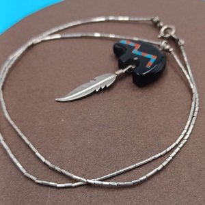 Vintage Carolyn Pollack American Southwest Sterling Silver Spirit Bear Gemstone Inlay Pendant Necklace