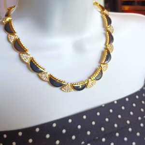 Vintage Premier Designs Gold Tone, Black Enamel and Rhinestones Panel Collar Necklace