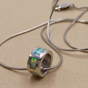 Vintage Sterling Silver Ring Pendant with Opal Inlay on Silver Snake Chain Pendant Necklace
