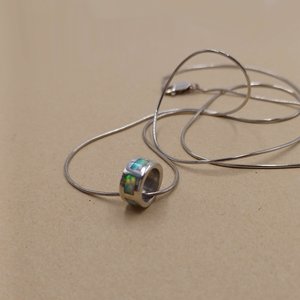 Vintage Sterling Silver Ring Pendant with Opal Inlay on Silver Snake Chain Pendant Necklace