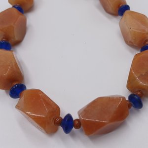 Vintage Heavy Pale Orange Natural Carnelian Stone, Cobalt Glass Beads Ladies Beaded Necklace