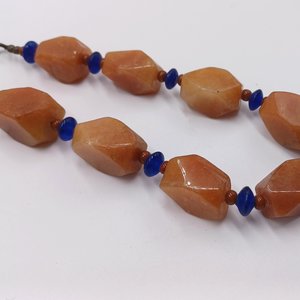 Vintage Heavy Pale Orange Natural Carnelian Stone, Cobalt Glass Beads Ladies Beaded Necklace
