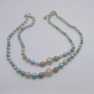 Vintage 1950's Pale Blue and Gold Tone Multi-Strand Beaded Necklace