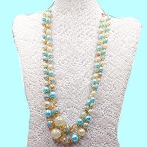 Vintage 1950's Pale Blue and Gold Tone Multi-Strand Beaded Necklace