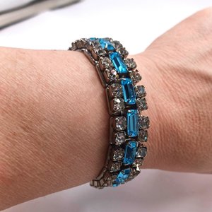 Vintage Art Deco ACCO Sparkling Blue and White Rhinestones  Expandable Bracelet