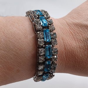 Vintage Art Deco ACCO Sparkling Blue and White Rhinestones  Expandable Bracelet