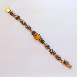 Sterling Silver with Amber and Garnet Stones Panel Link Bracelet