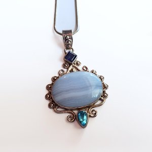 Large Blue Lace Agate and Sterling Silver Pendant Necklace, Gemstones, Signed SJ925