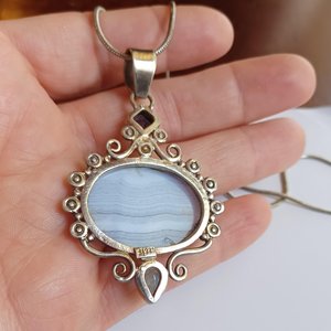 Large Blue Lace Agate and Sterling Silver Pendant Necklace, Gemstones, Signed SJ925