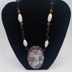 Lee Sands Mother of Pearl Inlay Large Lily Pendant Beaded Necklace