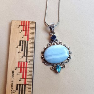 Large Blue Lace Agate and Sterling Silver Pendant Necklace, Gemstones, Signed SJ925