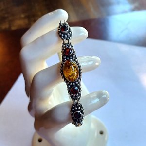 Sterling Silver with Amber and Garnet Stones Panel Link Bracelet
