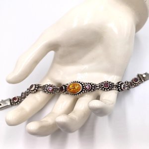 Sterling Silver with Amber and Garnet Stones Panel Link Bracelet