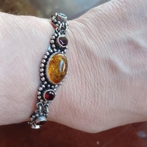 Sterling Silver with Amber and Garnet Stones Panel Link Bracelet