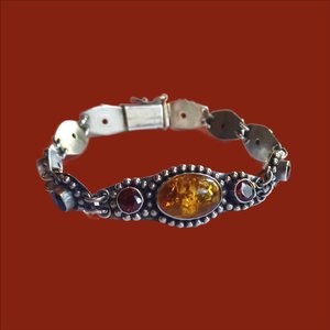 Sterling Silver with Amber and Garnet Stones Panel Link Bracelet