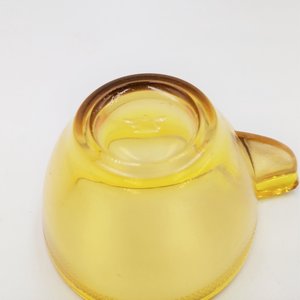 Vintage AKRO AGATE Miniature Stippled Band Topaz Pressed Glass Toy Teacup and Saucer Set, Circa 1935