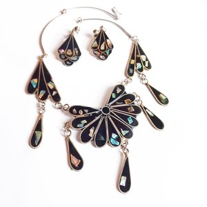 Mexican Alpaca and Abalone Inlay Necklace and Earrings Jewelry Set