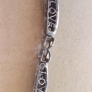 Vintage Sterling Silver Open Work Love Panel Link Tennis Bracelet, Tiny Diamonds