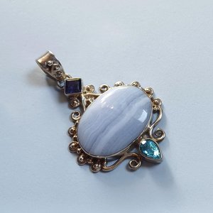 Large Blue Lace Agate and Sterling Silver Pendant Necklace, Gemstones, Signed SJ925