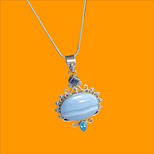 Large Blue Lace Agate and Sterling Silver Pendant Necklace, Gemstones, Signed SJ925