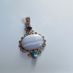 Large Blue Lace Agate and Sterling Silver Pendant Necklace, Gemstones, Signed SJ925