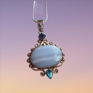 Large Blue Lace Agate and Sterling Silver Pendant Necklace, Gemstones, Signed SJ925
