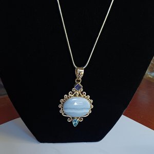 Large Blue Lace Agate and Sterling Silver Pendant Necklace, Gemstones, Signed SJ925