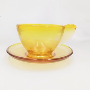 Vintage AKRO AGATE Miniature Stippled Band Topaz Pressed Glass Toy Teacup and Saucer Set, Circa 1935