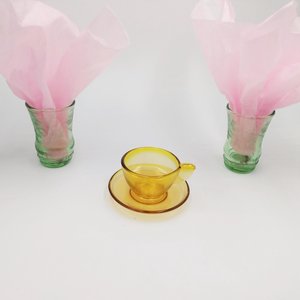 Vintage AKRO AGATE Miniature Stippled Band Topaz Pressed Glass Toy Teacup and Saucer Set, Circa 1935