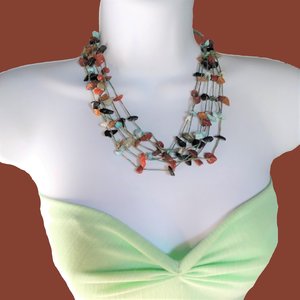 Native American Multi Strand Natural Gemstone Chip Southwestern Necklace, Vintage