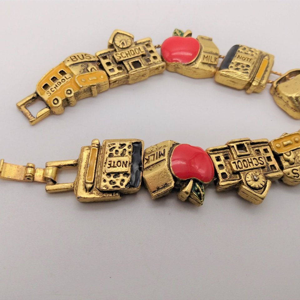 Vintage Matte Yellow Gold Tone School Days Slide Charm Bracelet