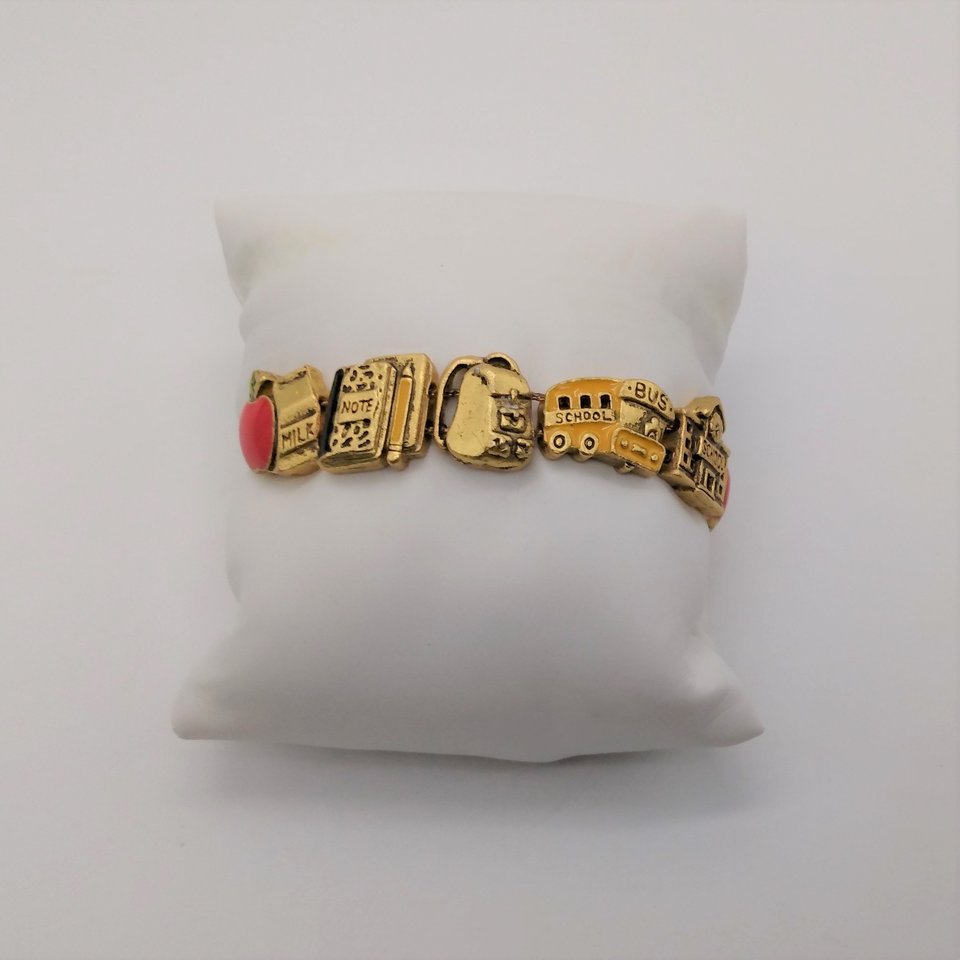 Vintage Matte Yellow Gold Tone School Days Slide Charm Bracelet