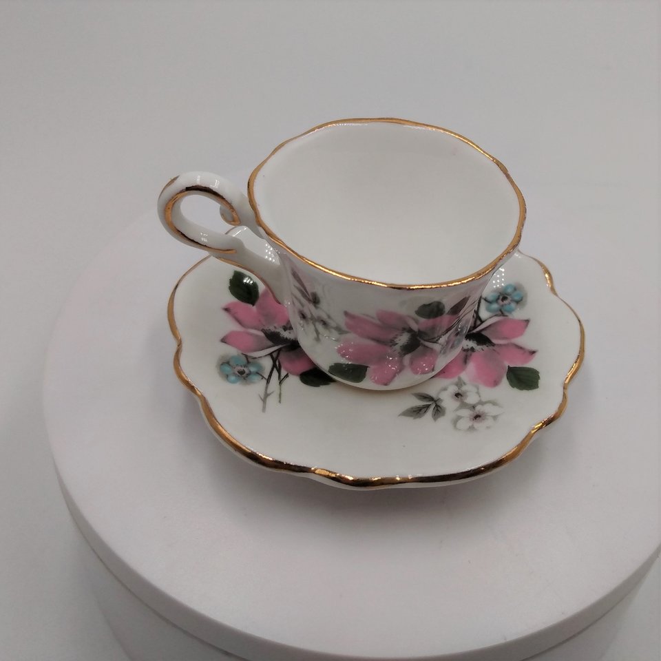 Grosvenor Miniature Demitasse Pink Floral Rose and Forget Me Not, Bone China Teacup and Saucer Set