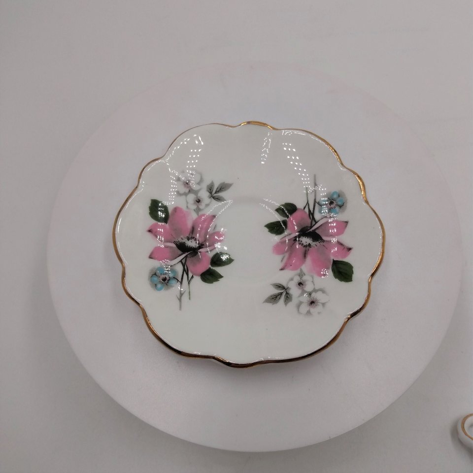 Grosvenor Miniature Demitasse Pink Floral Rose and Forget Me Not, Bone China Teacup and Saucer Set