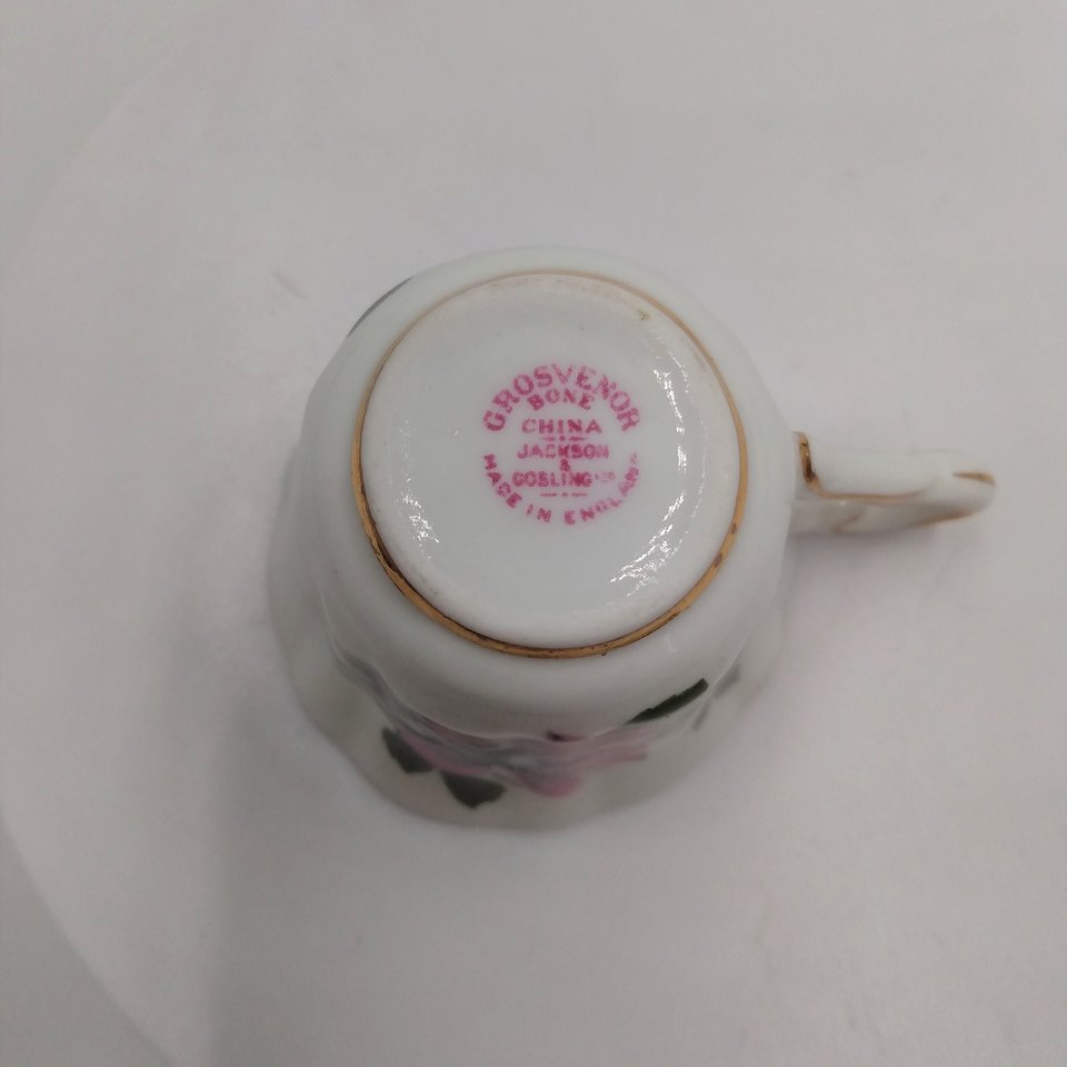 Grosvenor Miniature Demitasse Pink Floral Rose and Forget Me Not, Bone China Teacup and Saucer Set