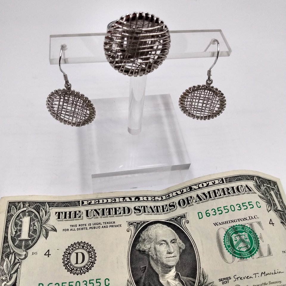 Vintage 925 Sterling Silver Weave Dangle Earrings and Matching Ring (size 6.5 ), Great Gift