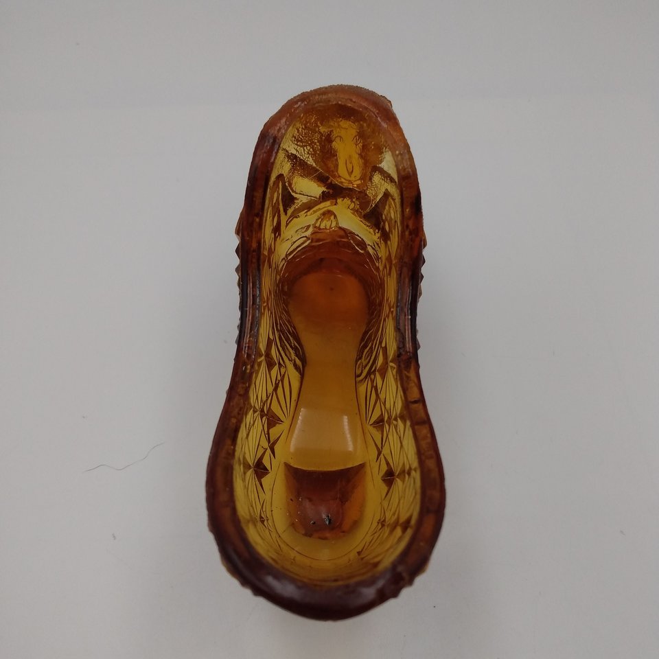 Vintage Amber Alligator Vamp Art Glass Cat Pressed Glass Shoe Slipper, Collectible Glass