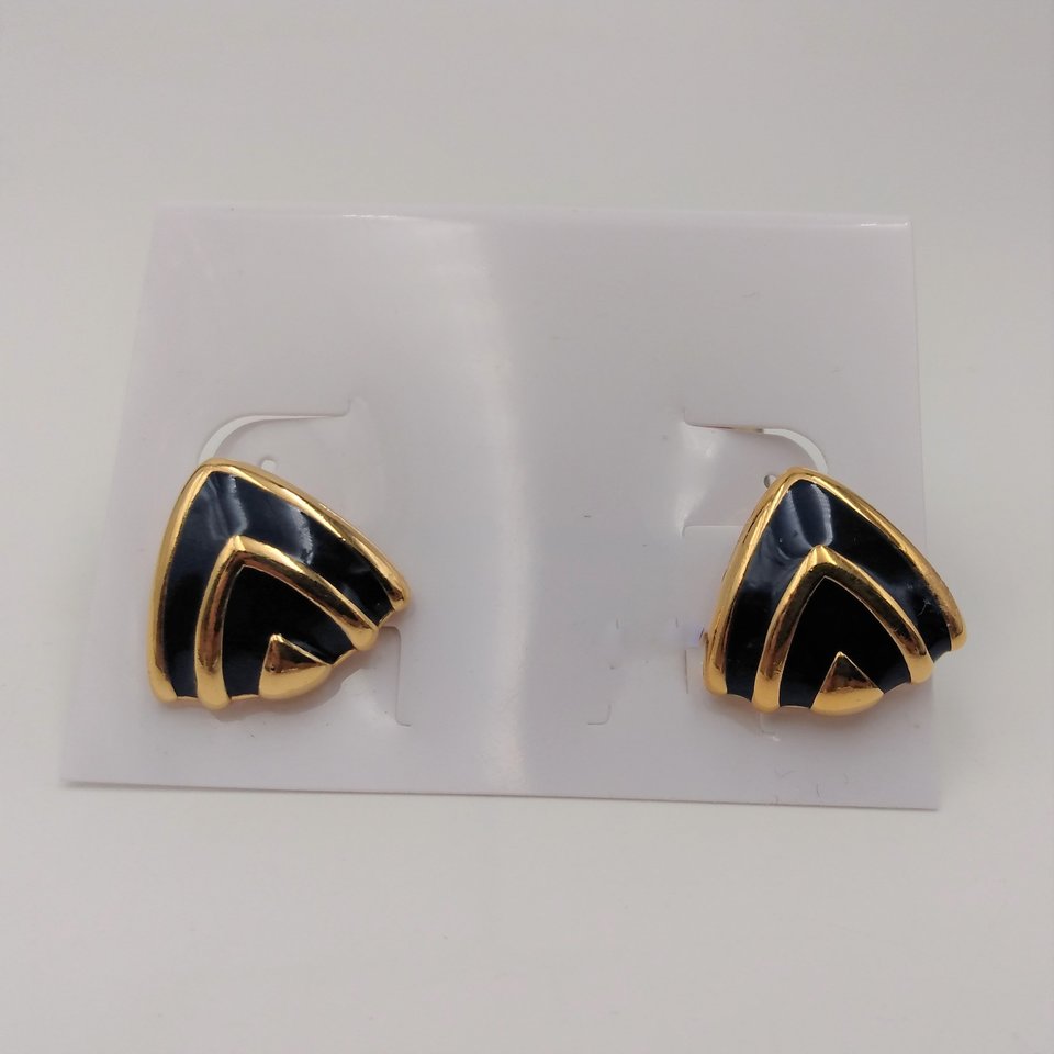 Smart Vintage Gold Tone and Navy Blue Enamel Statement Herringbone Chain Necklace and Earrings Set, Avon