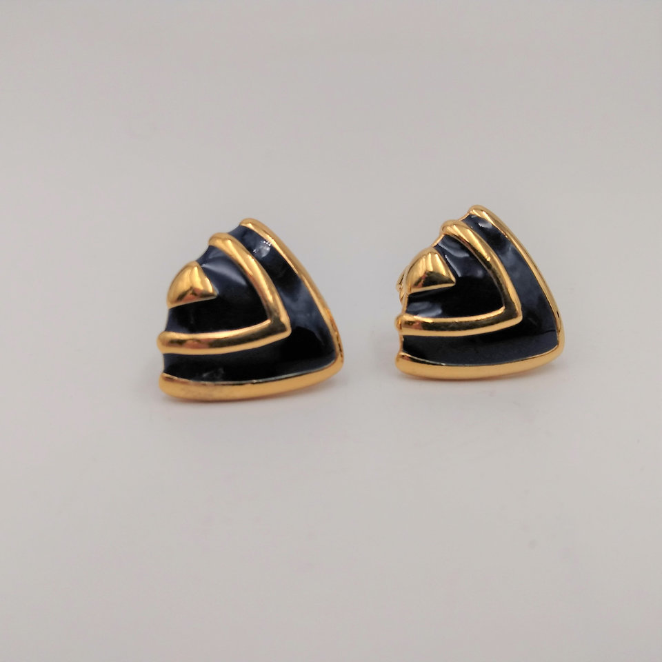 Smart Vintage Gold Tone and Navy Blue Enamel Statement Herringbone Chain Necklace and Earrings Set, Avon