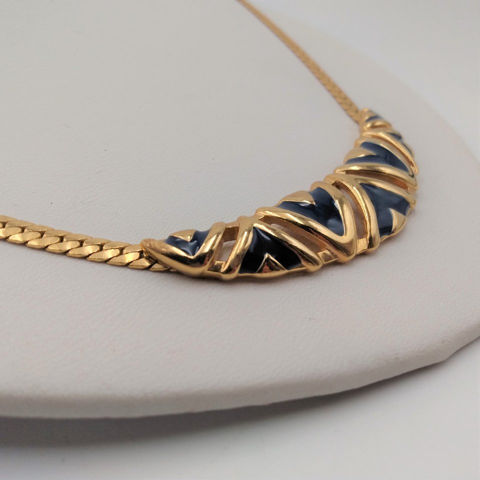 Smart Vintage Gold Tone and Navy Blue Enamel Statement Herringbone Chain Necklace and Earrings Set, Avon